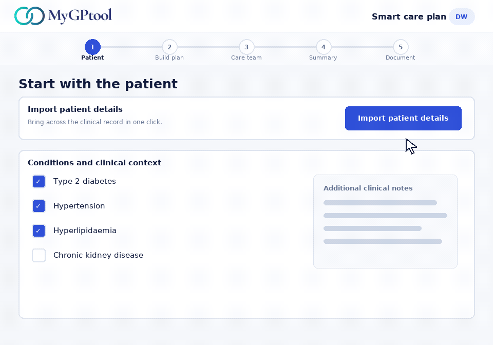 Animated demonstration of MyGPtool creating a Smart Care Plan and final branded patient document